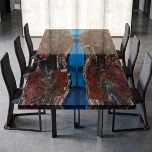 Table de salle à manger en tranche avec rivière d'époxy
